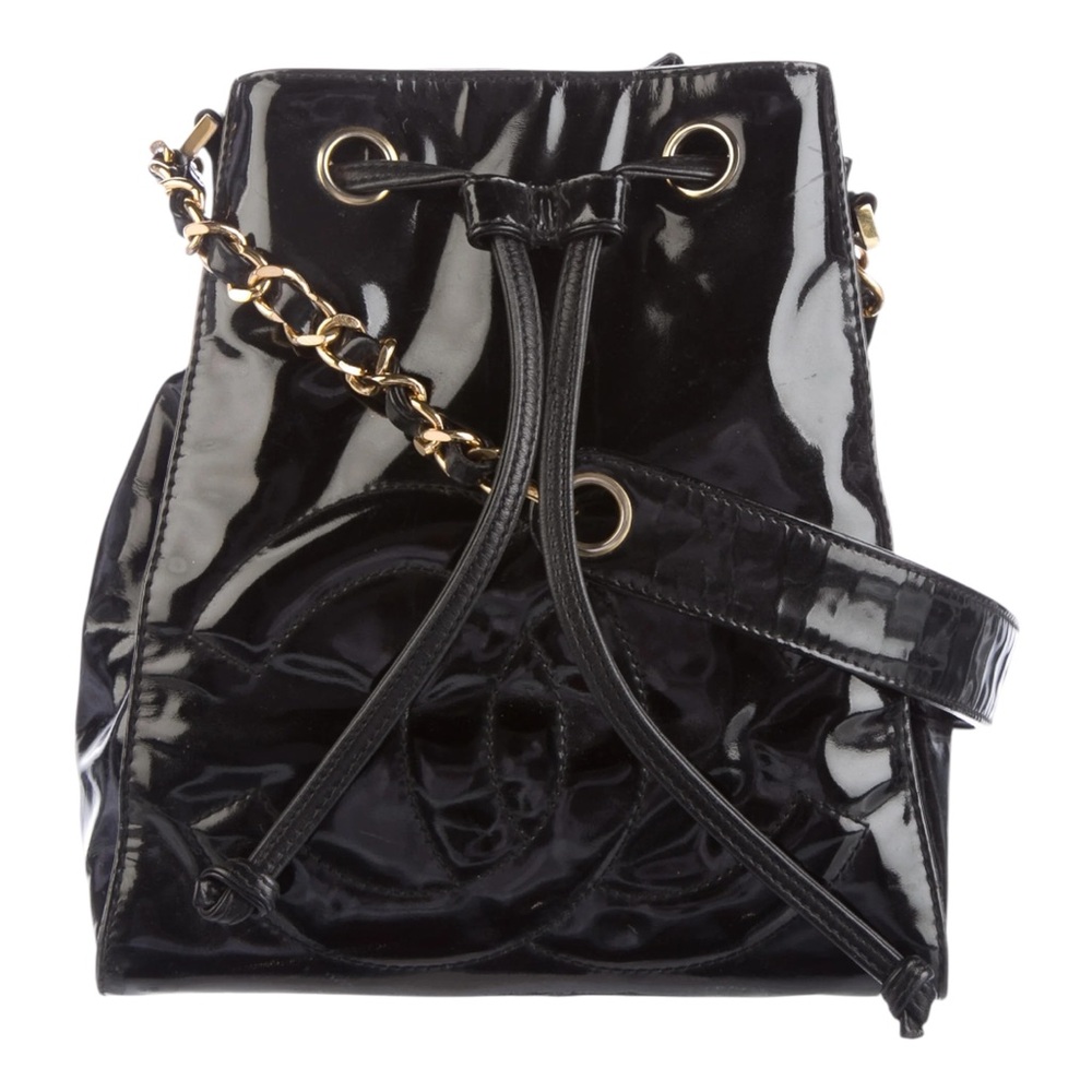 Chanel Vintage Black Patent Leather Bucket Bag 24K Gold-Plated Hardware & Pouch - Picture 1 of 16